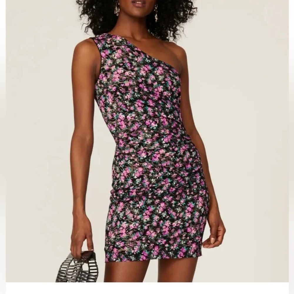 Dress the Population One-Shoulder Black Floral Mini Dress with Pink and Green